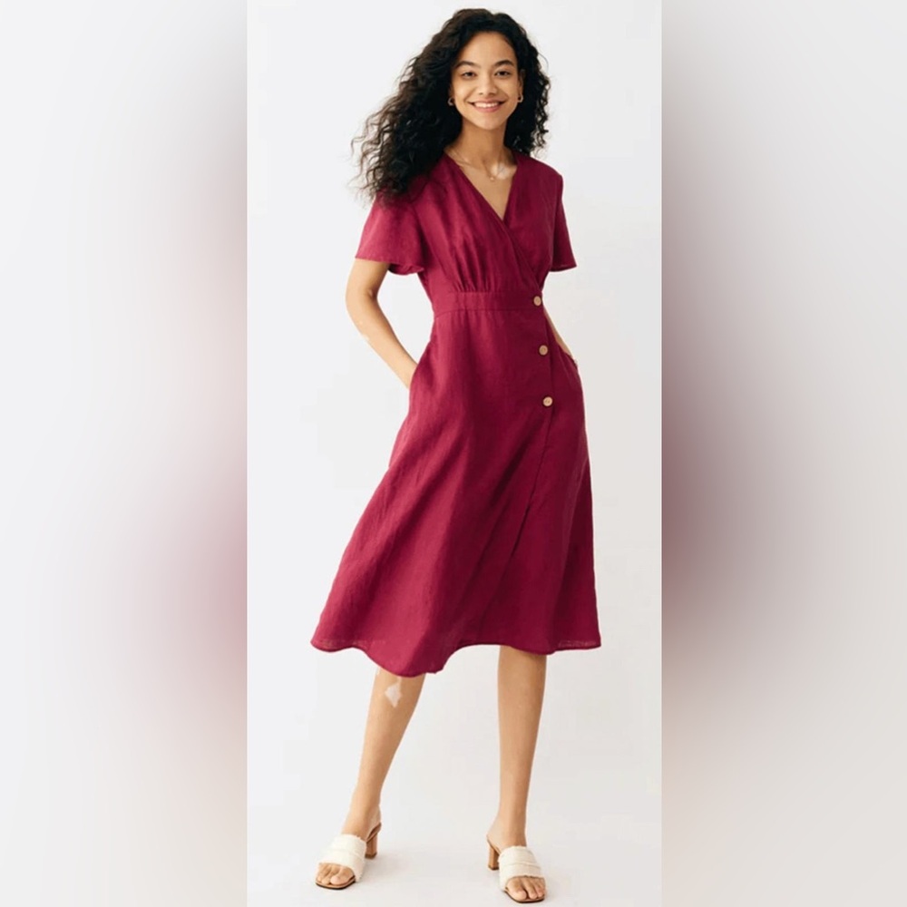 Women's Burgundy Midi Dress with Side Button 
Detail 100% Linen